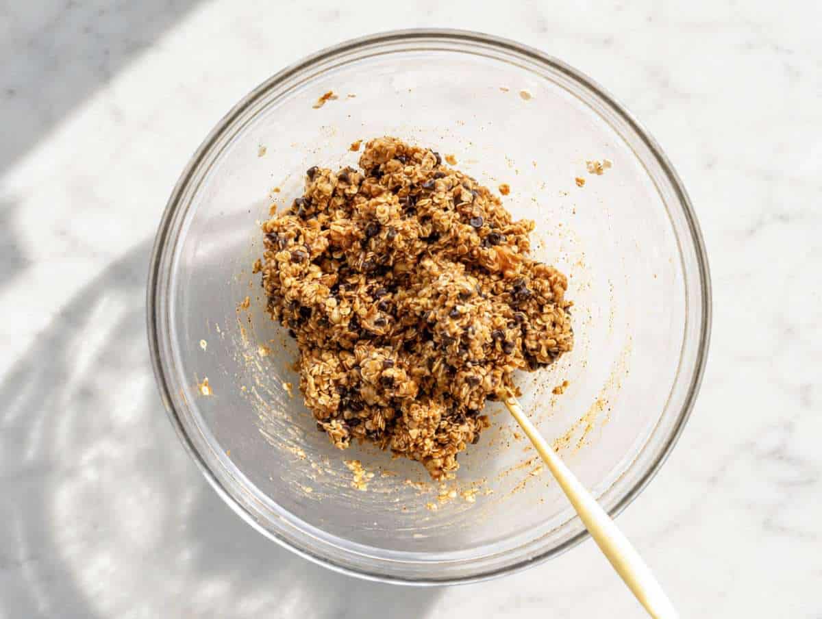 Step 2 Oats, walnuts, and chocolate chips folded into banana mixture.