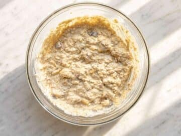 Step 2 Oats, yogurt, milk, and cinnamon mixed in bowl.