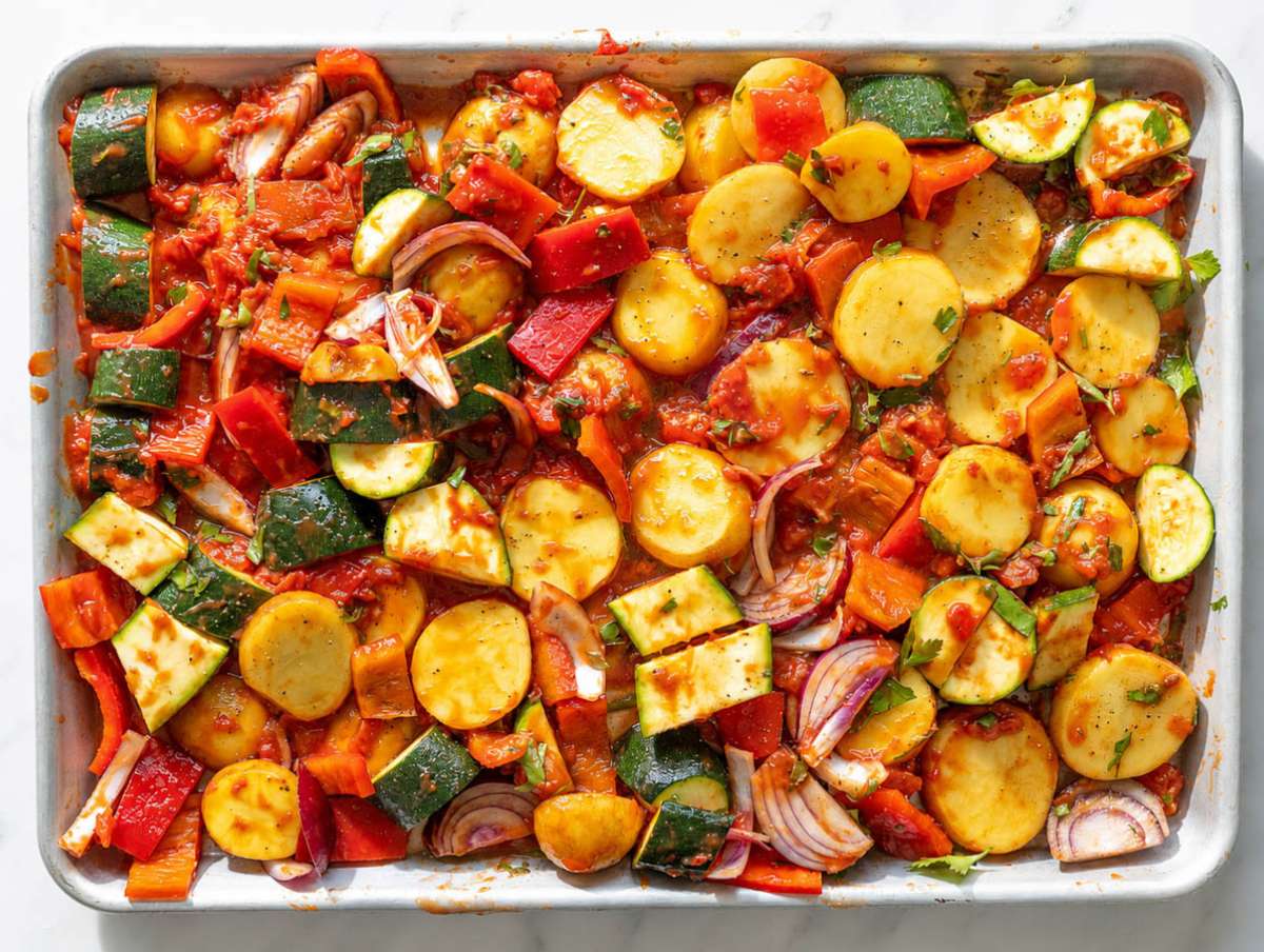 Step 2 Vegetables tossed with tomatoes, olive oil, garlic, and oregano before roasting.