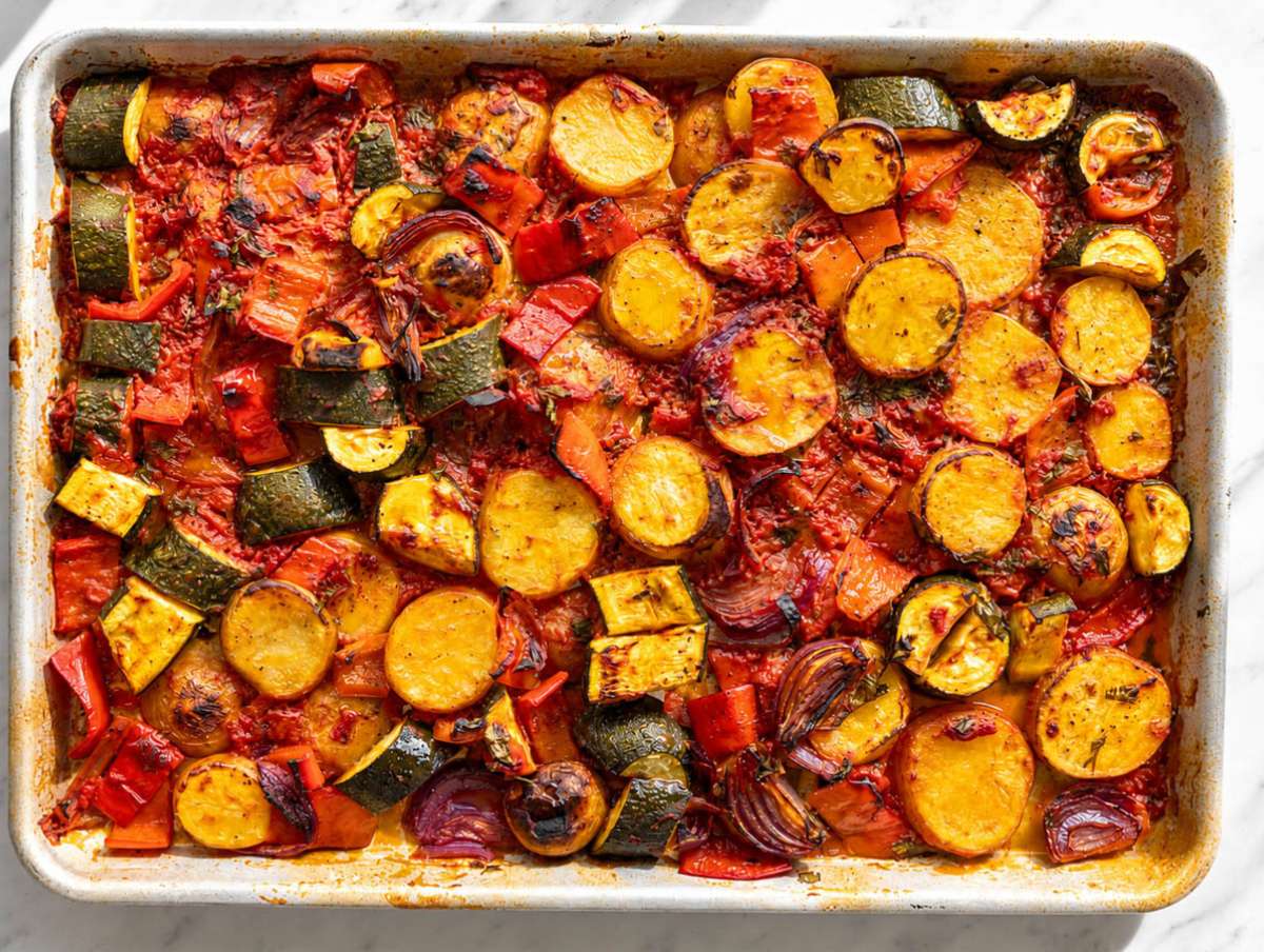 Step 3 Briam roasted in a sheet pan with vegetables spread in an even layer.