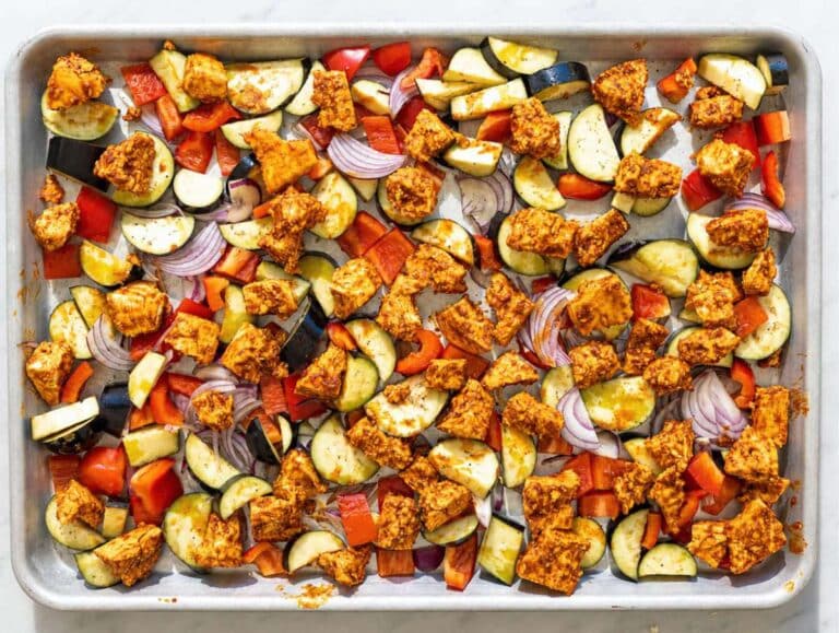 Step 3 Marinated tofu and vegetables on sheet pan.