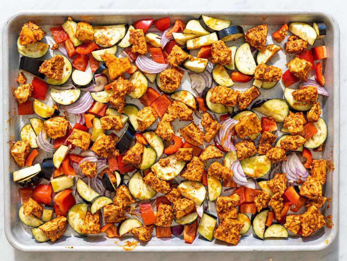 Step 3 Marinated tofu and vegetables on sheet pan.