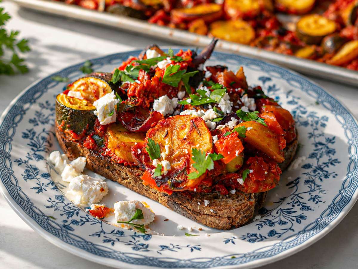 Step 4 Briam served on toasted bread with feta and parsley.