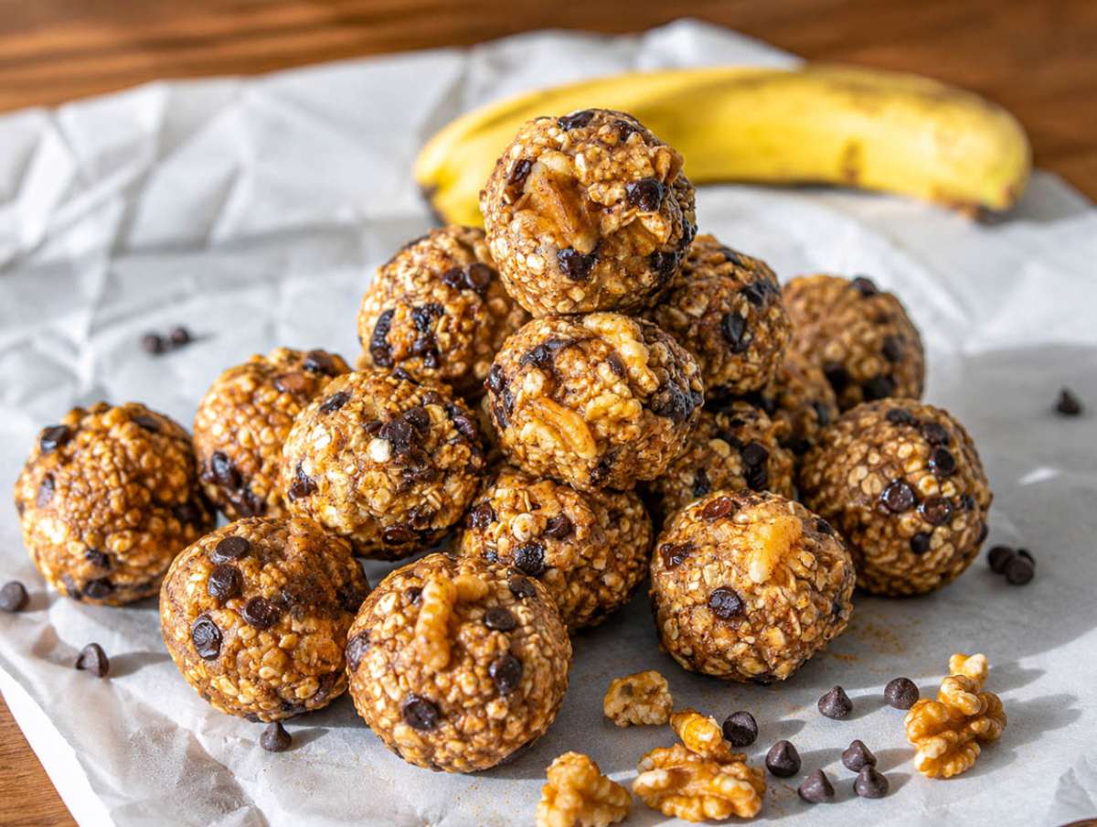Step 4 Freshly shaped energy balls arranged on baking paper before chilling.
