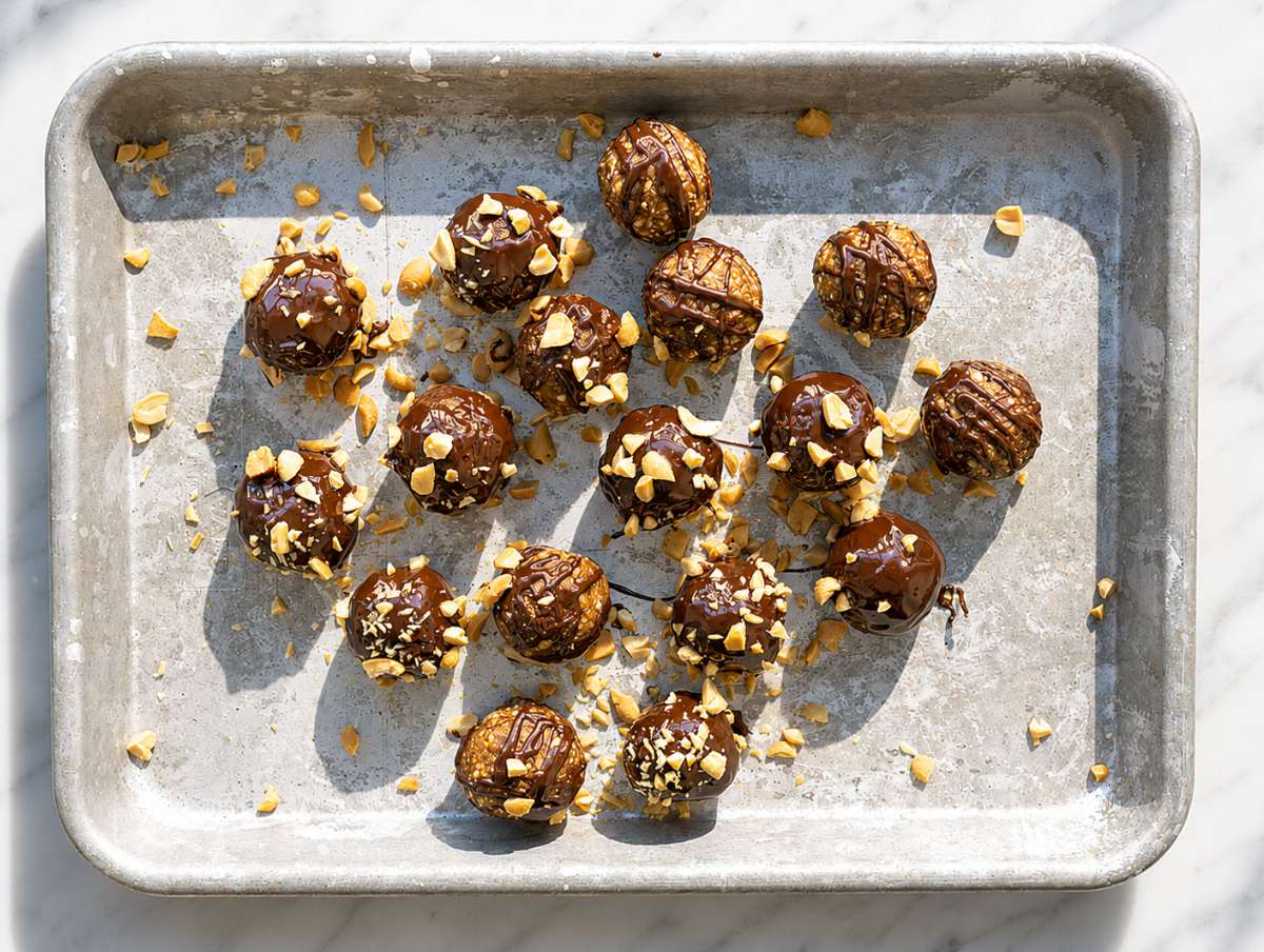 Step 4 Melted chocolate drizzled over snickers energy balls.