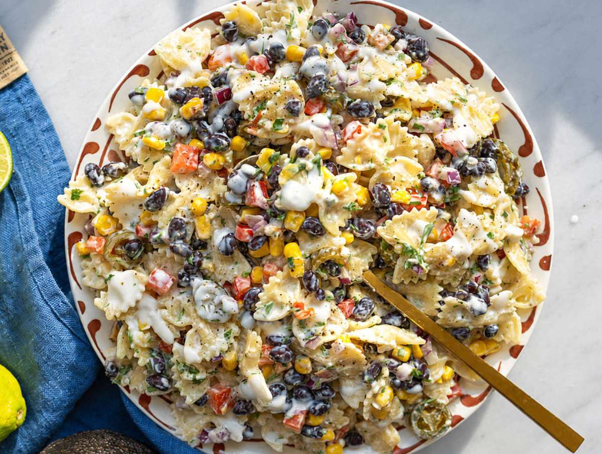Step 4 Mexican pasta salad gently tossed until creamy and evenly combined.