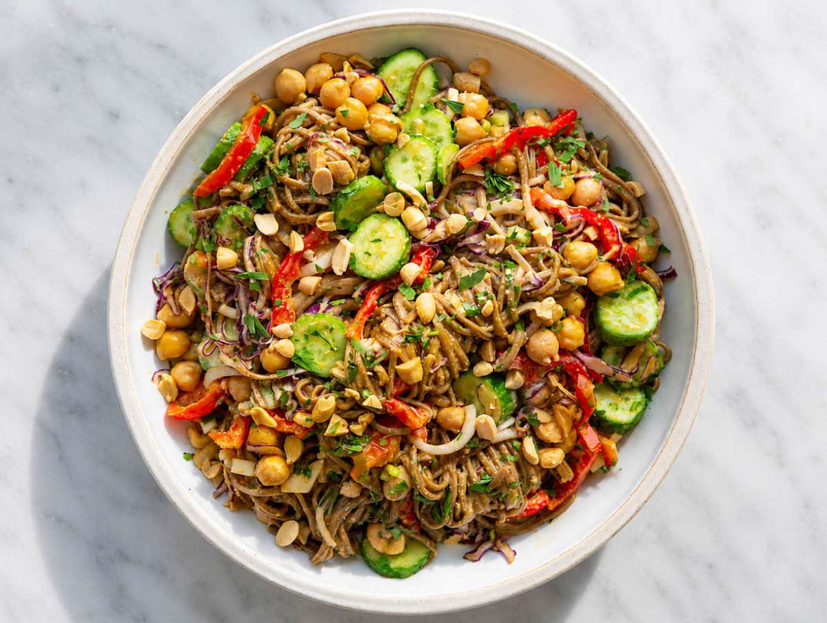 Step 5 Finished soba noodle salad topped with herbs and peanuts.