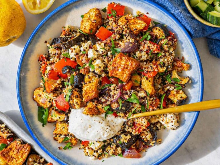 Step 5 Tofu shawarma bowl finished with feta and Greek yogurt.