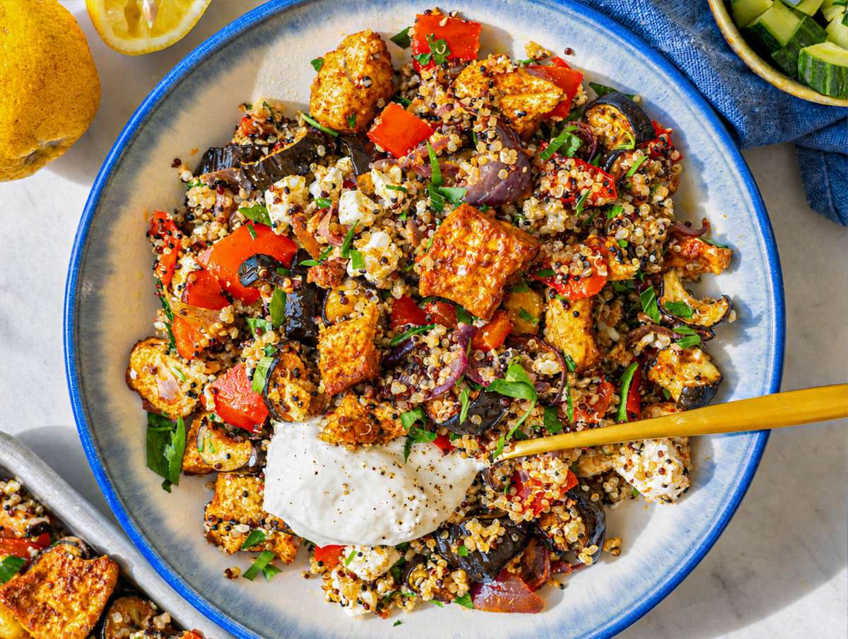 Step 5 Tofu shawarma bowl finished with feta and Greek yogurt.