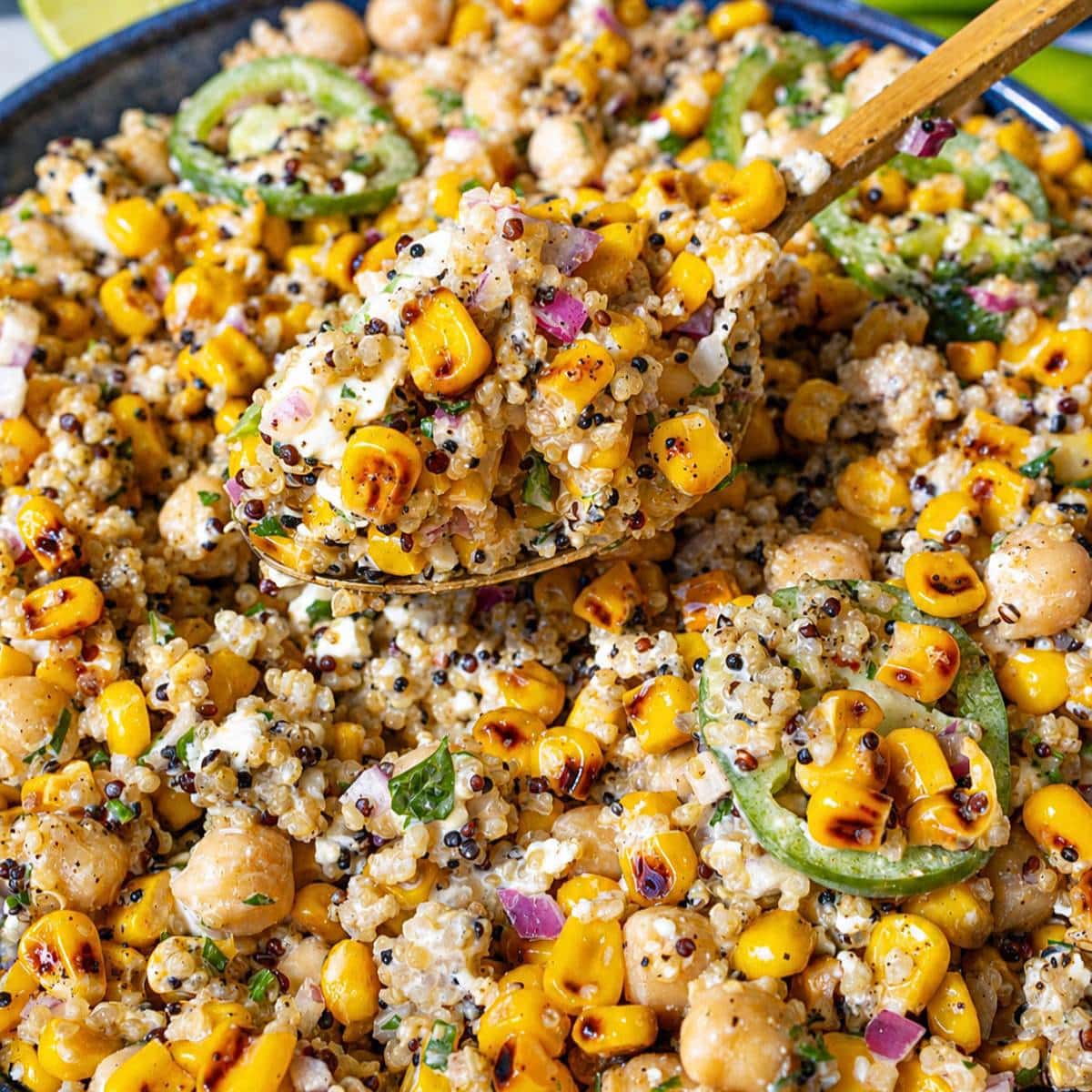 Street Corn Salad Bowl served in a blue ceramic bowl.