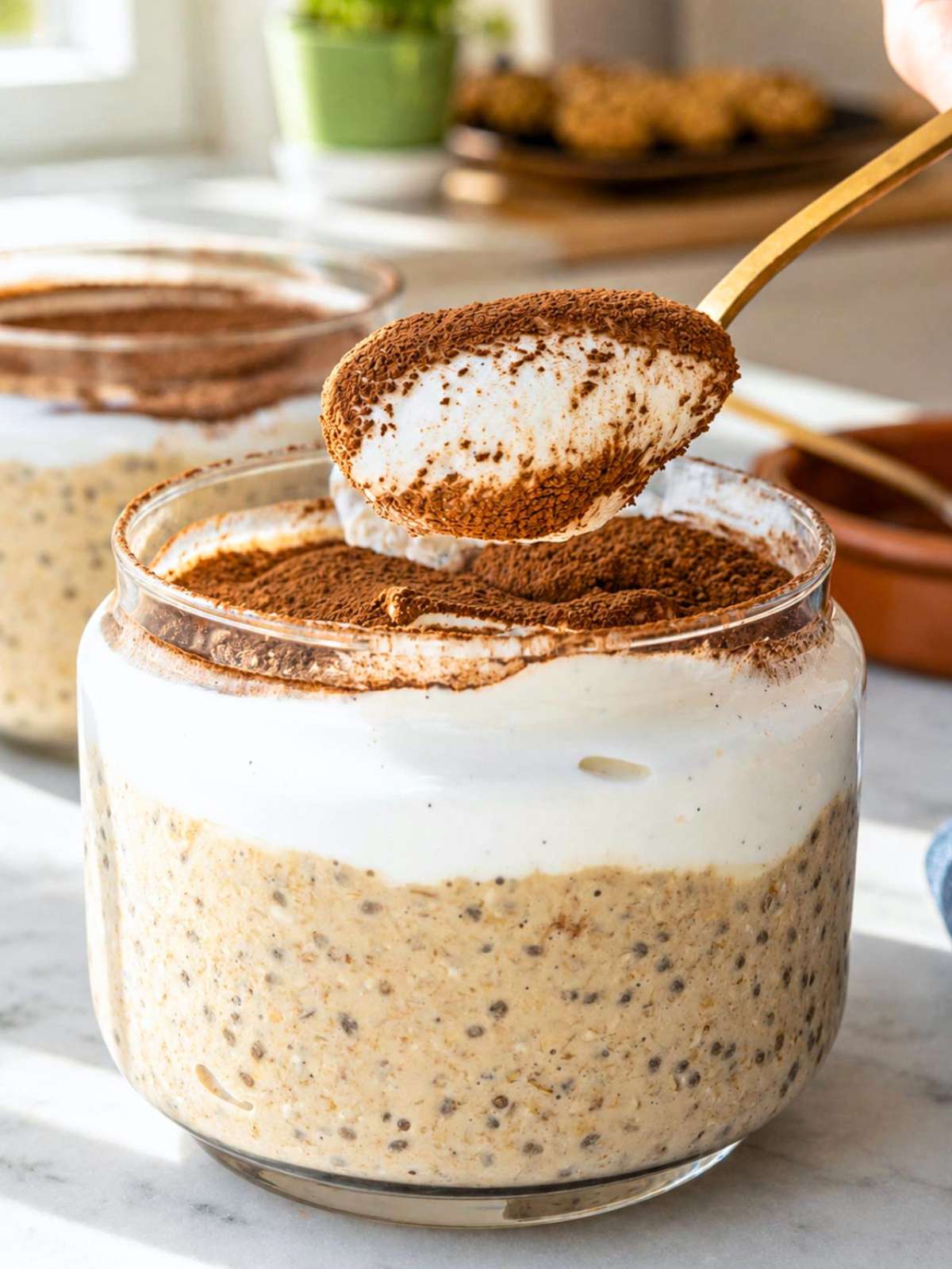 Tiramisu overnight oats topped with cocoa powder.
