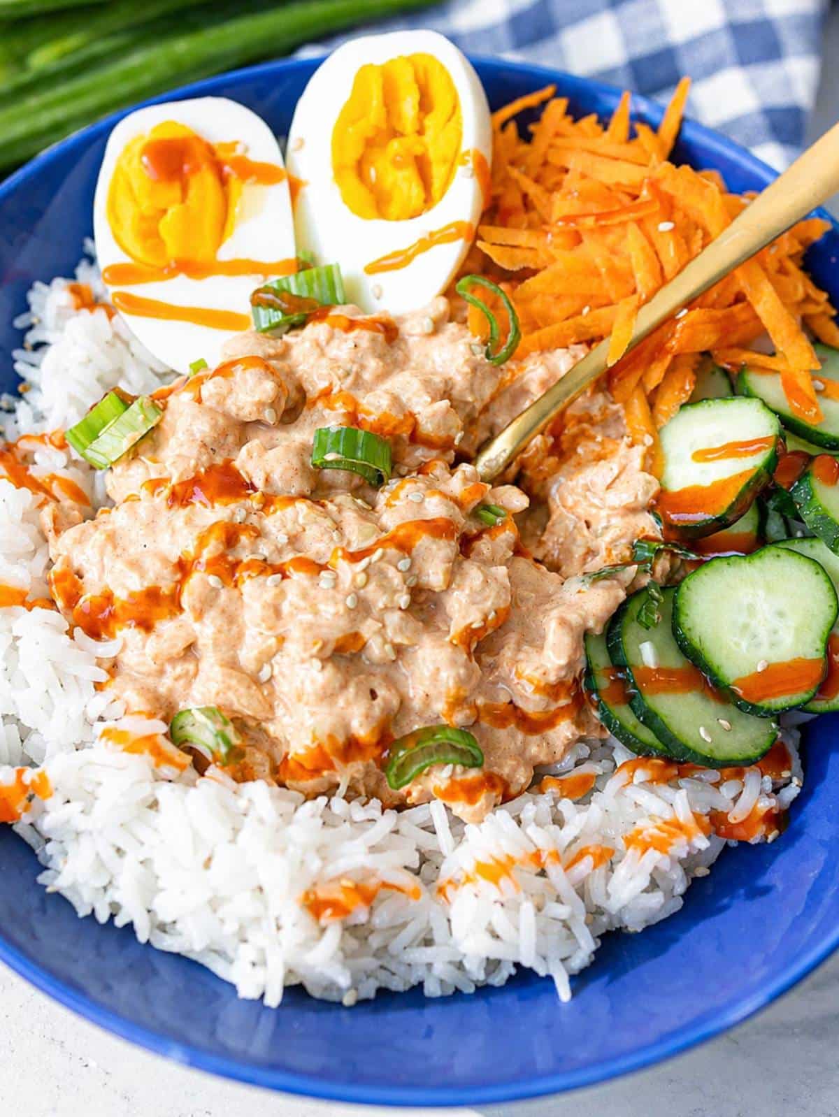 Yum Yum Chickpea Rice Bowl with eggs and a fork.