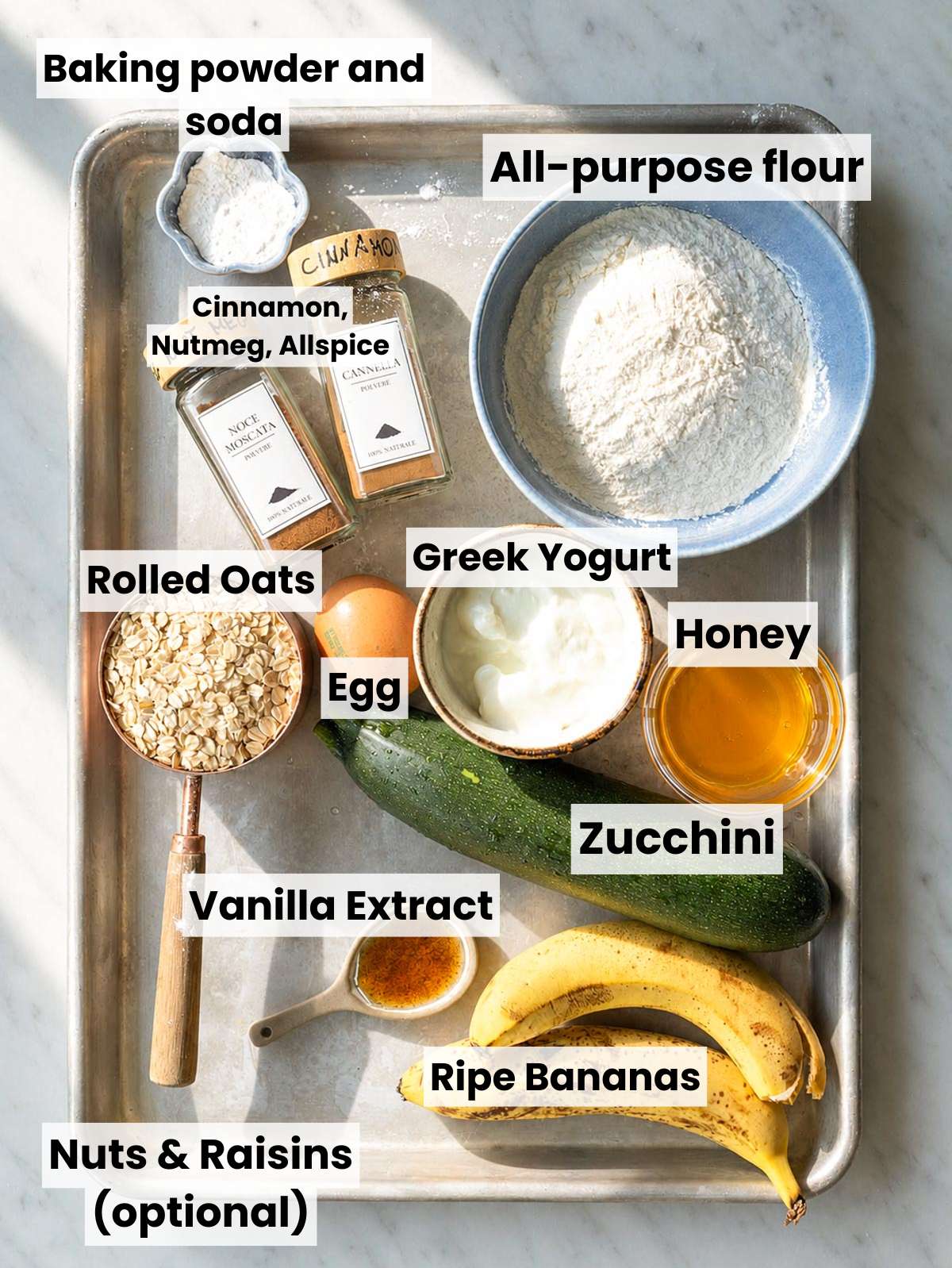 Zucchini, bananas, oats, and muffin ingredients.