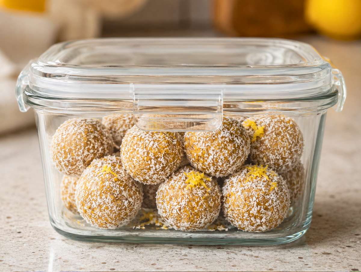 Lemon energy balls stored in a container.