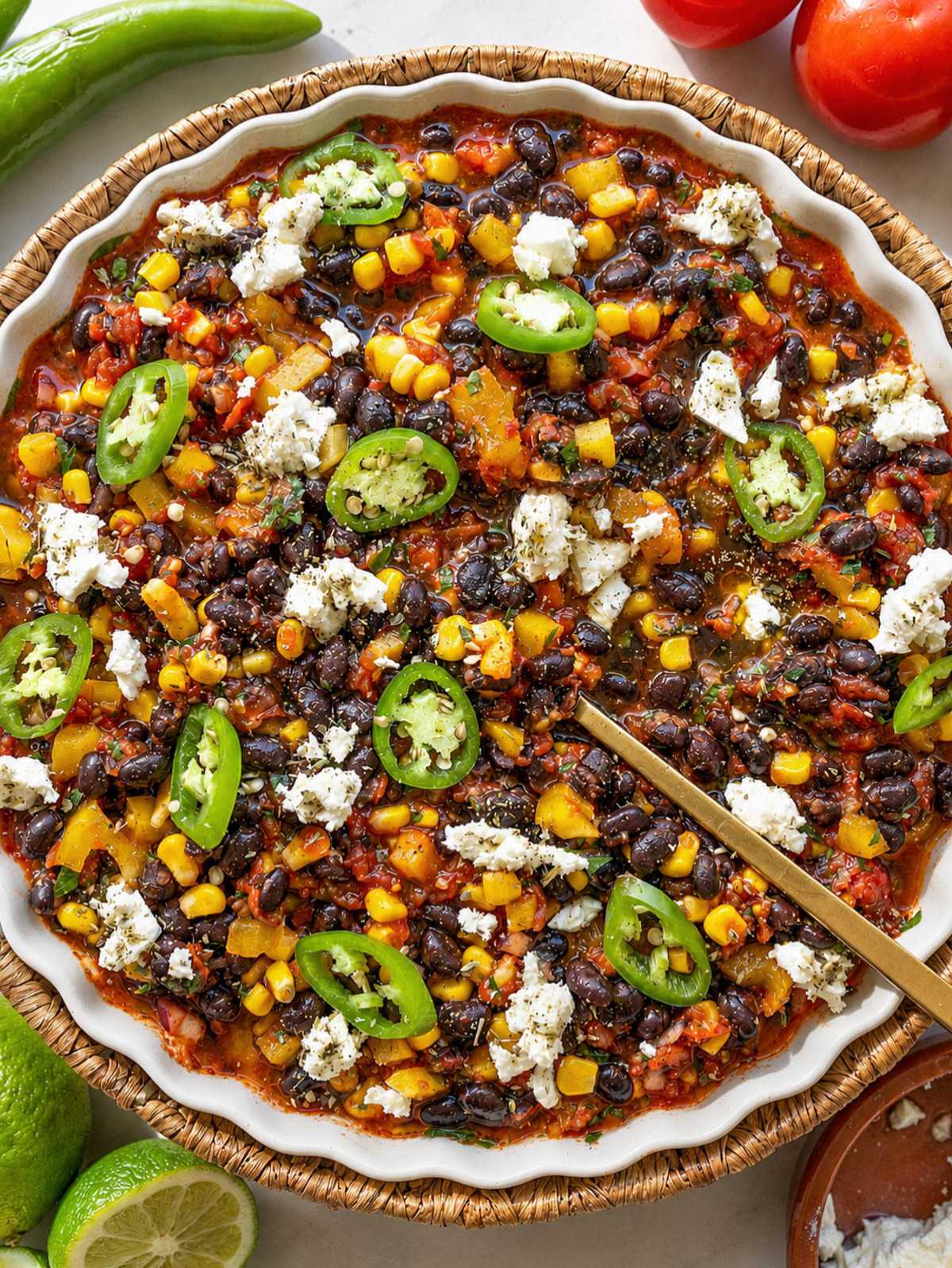 no cook chili with beans, corn, bell pepper, and feta.