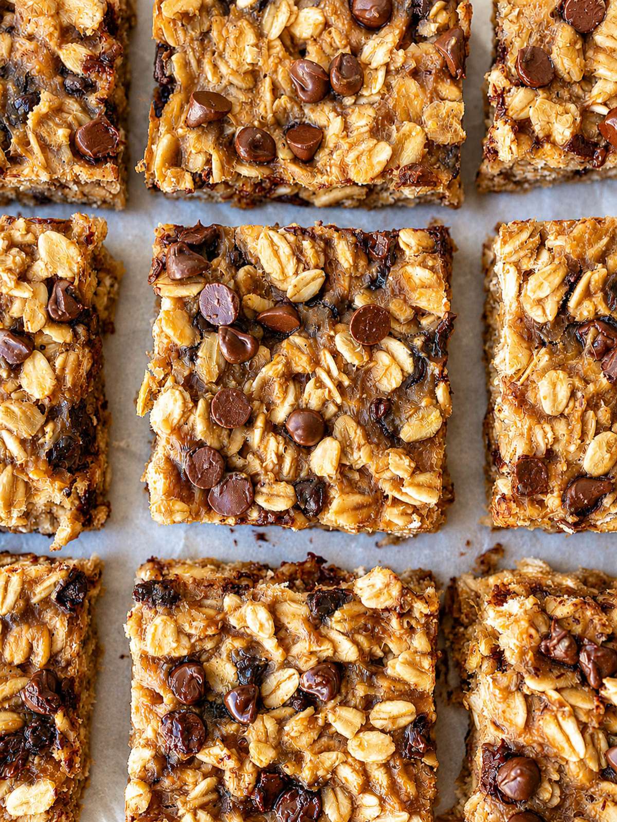 Banana oatmeal bars on baking paper with melted chocolate chips.