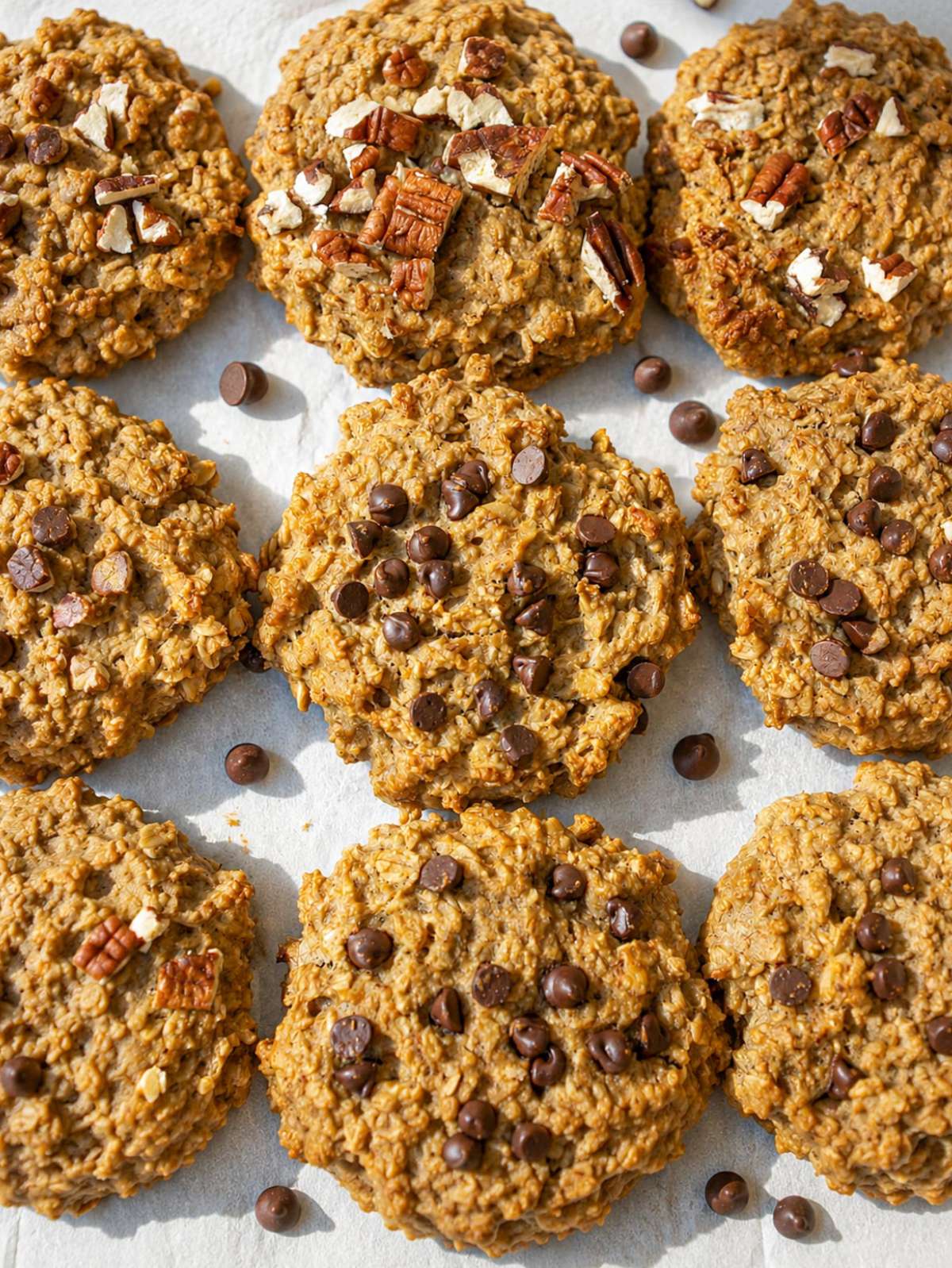 Banana peanut butter cookies topped with chocolate chips and pecans on parchment in natural daylight.