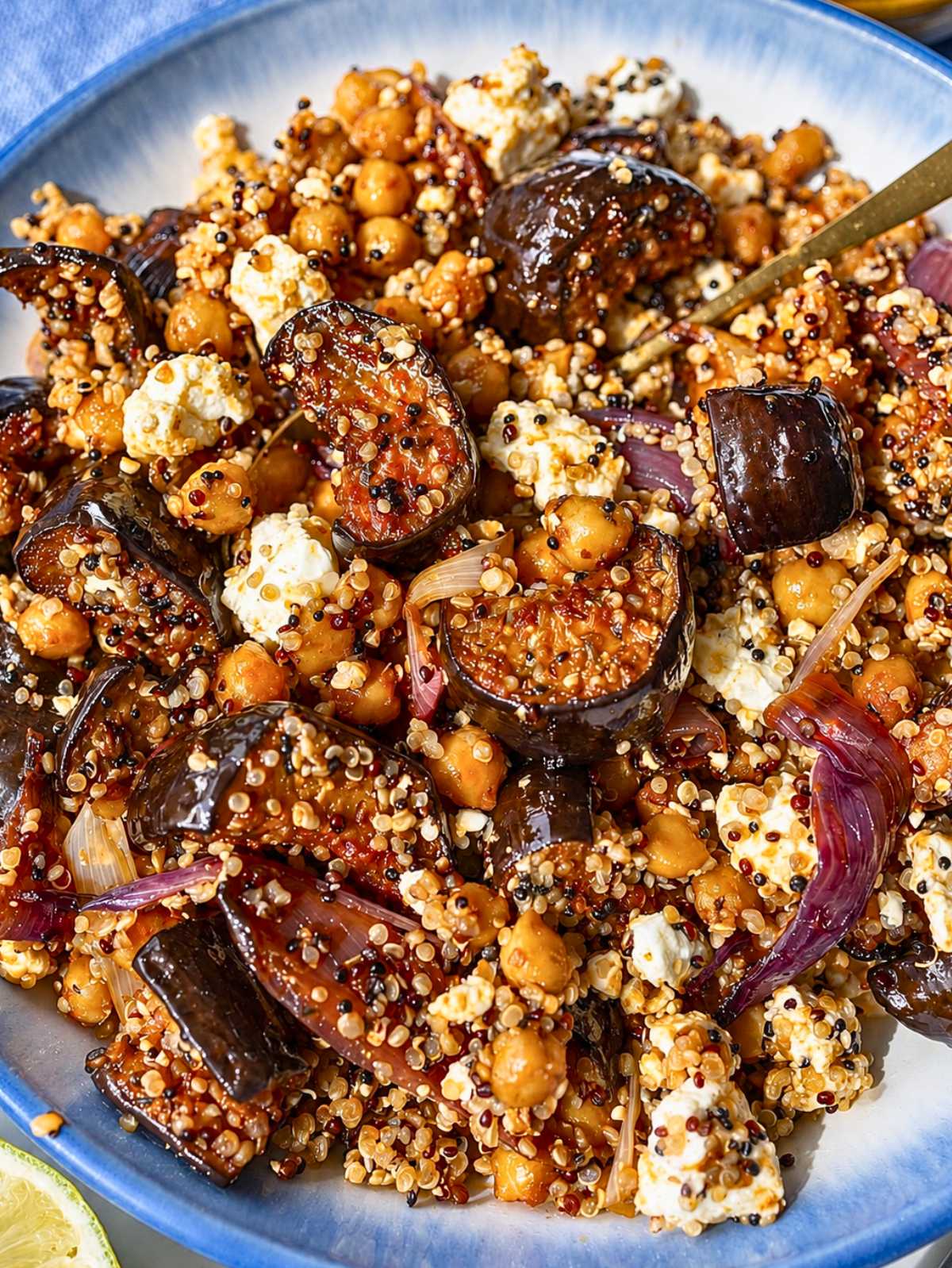 Charred roasted eggplant with feta, quinoa, and caramelized onions.
