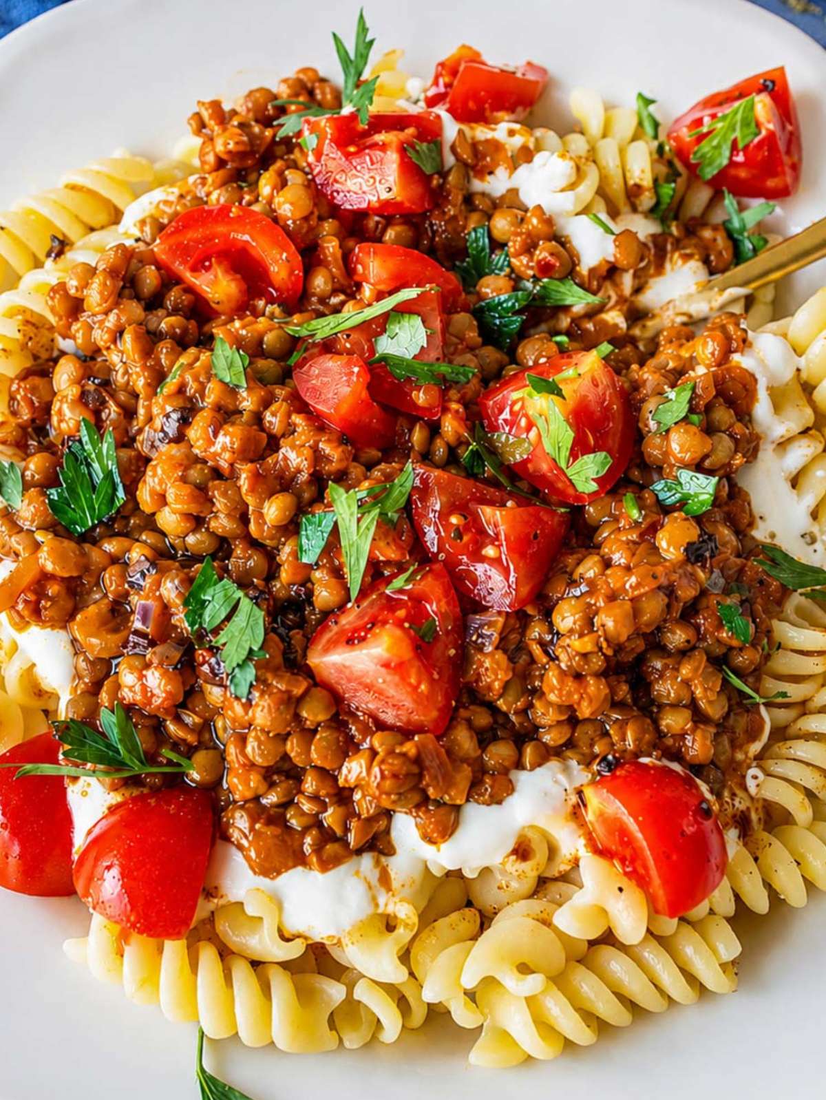 Close-up of glossy spiced lentils over pasta with creamy garlic yogurt and herbs.