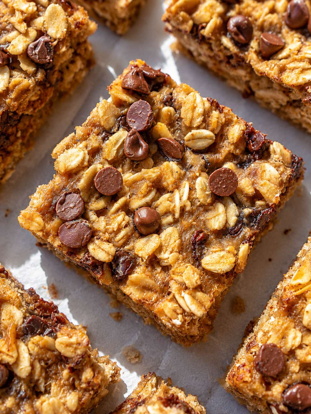 Close-up of moist banana oatmeal bar with tender oat crumb and chocolate chips.