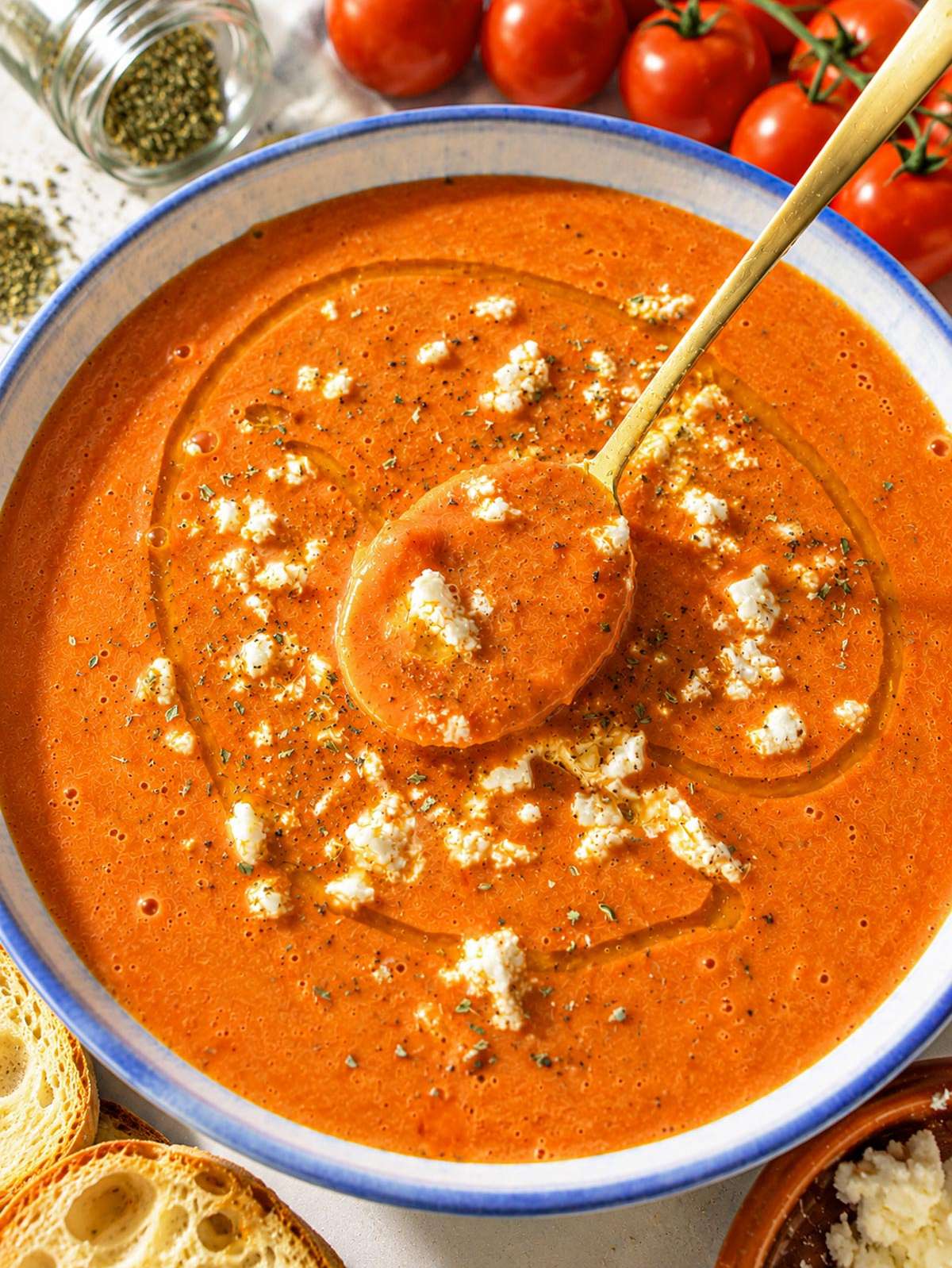 Close-up of silky roasted tomato soup with feta and basil garnish.
