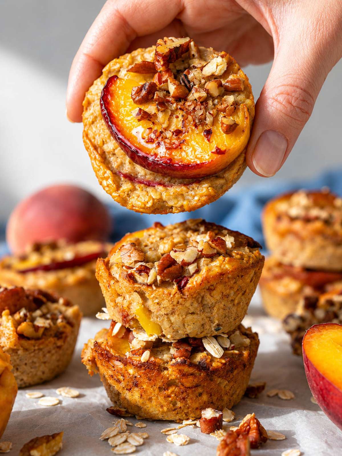 Female hand holding a peach cobbler oatmeal cup with pecans.
