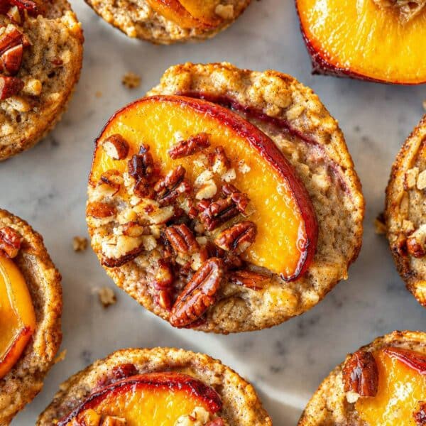Peach cobbler baked oatmeal cups with glossy peaches in bright natural window light.