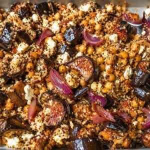 Roasted eggplant Gyros with chickpeas, feta, and quinoa after baking.