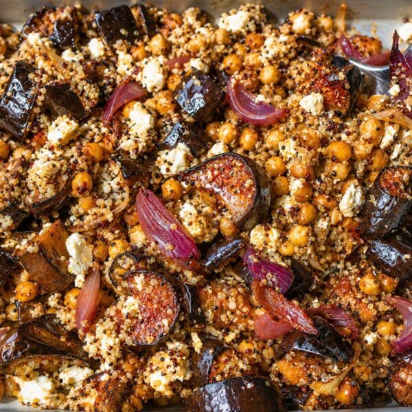 Roasted eggplant Gyros with chickpeas, feta, and quinoa after baking.