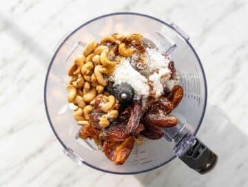 Step 1 Cashews, dates, coconut, vanilla, and salt added to food processor.