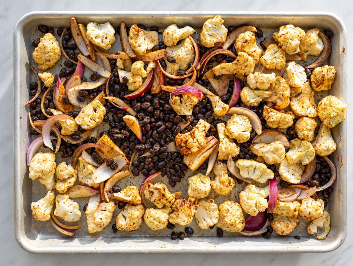 Step 1 Cauliflower, black beans, onions, oil, and spices tossed together on sheet pan.
