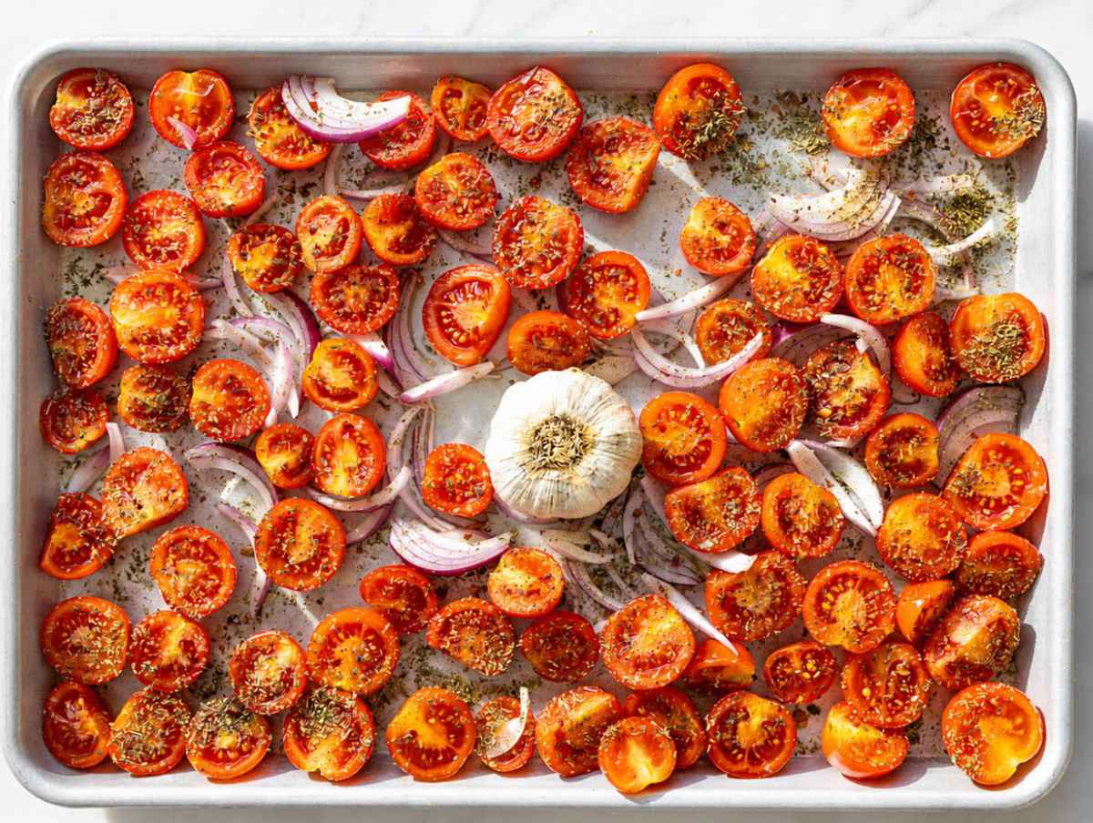 Step 1 Cherry tomatoes, onion, and garlic seasoned with olive oil before roasting.