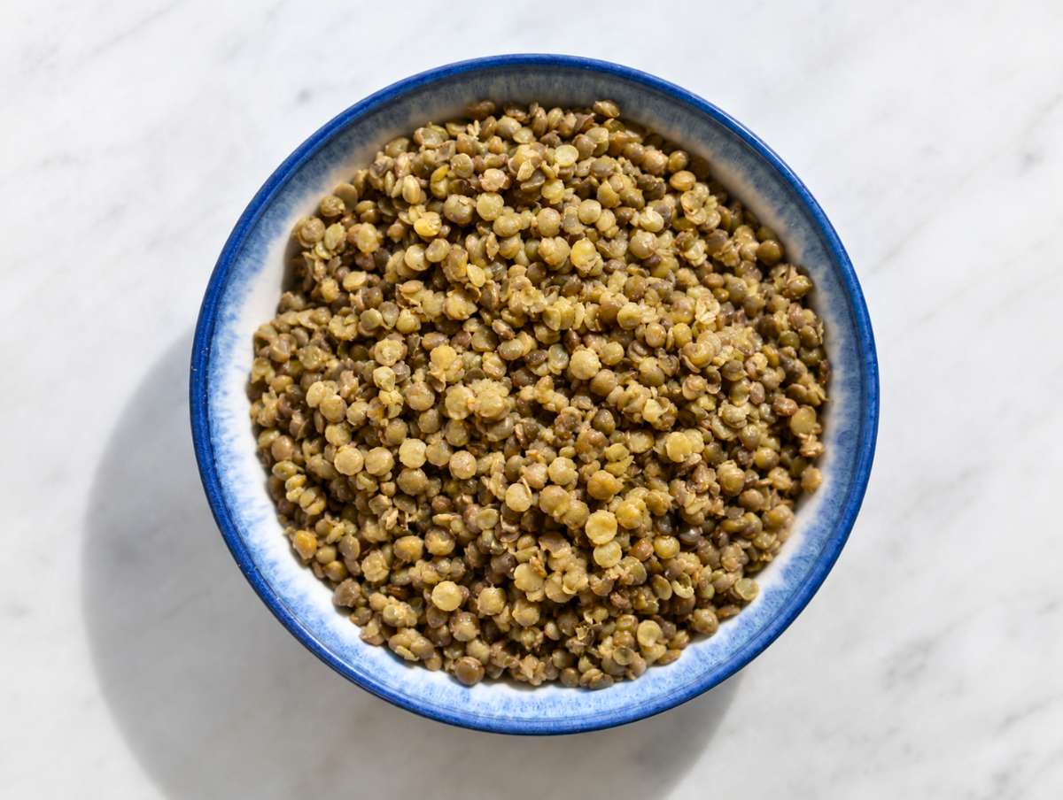 Step 1 French green lentils cooked until tender in a blue bowl.