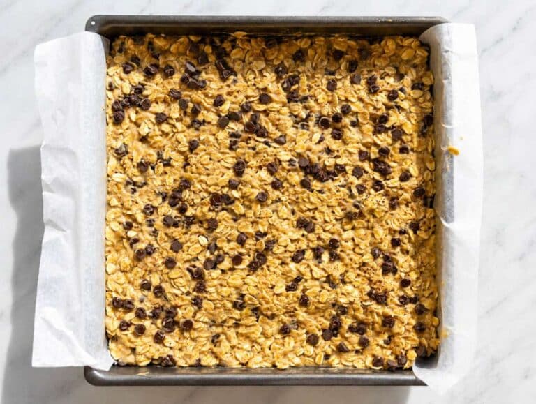 Step 2 Banana oat mixture pressed evenly into parchment-lined baking pan.