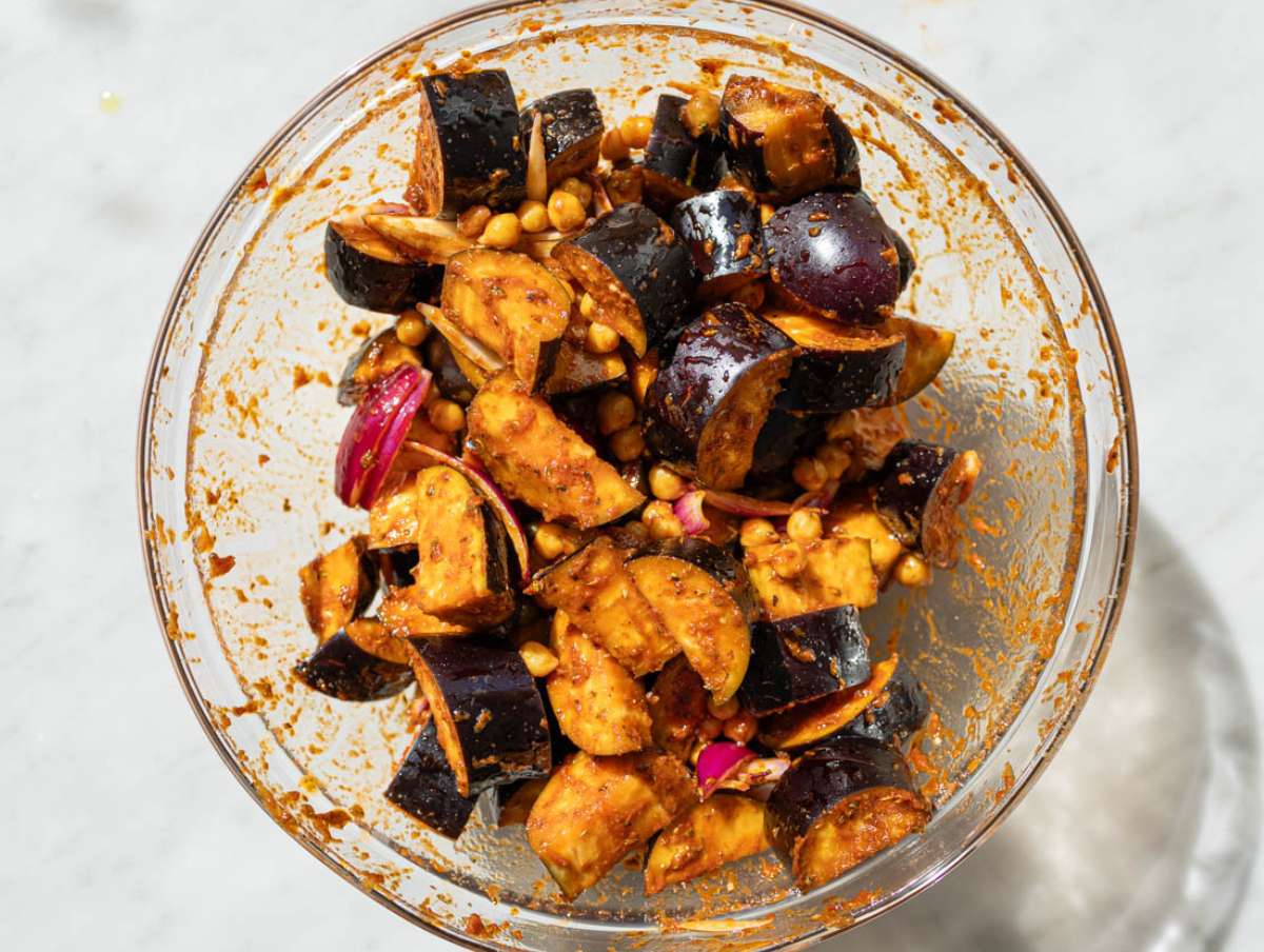 Step 2 Eggplant, chickpeas, and red onions coated evenly with gyros-style marinade.