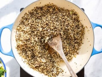 Step 2 Onion, garlic, and quinoa toasting together until fragrant and lightly golden.