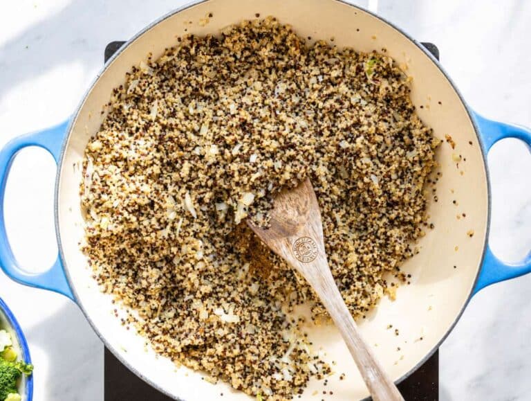 Step 2 Onion, garlic, and quinoa toasting together until fragrant and lightly golden.