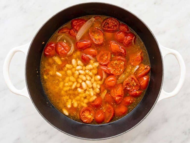 Step 2 Roasted vegetables with cannellini beans before blending into tomato soup.