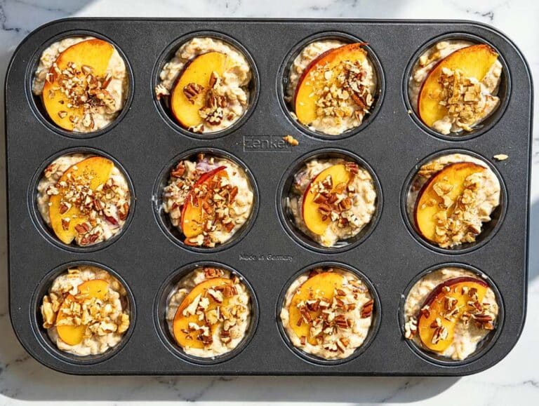 Step 3 Batter divided into muffin pan and topped with peaches and pecans.