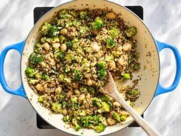Step 3 Butter beans and broccoli folded into quinoa with simmering vegetable broth.