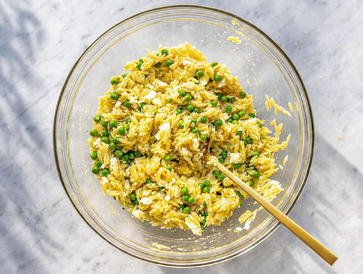 Step 3 Hot orzo tossed with creamy lemon feta dressing until evenly coated.