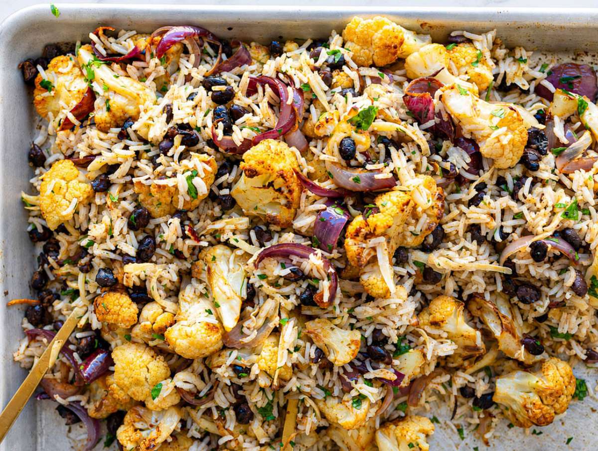 Step 3 Roasted vegetables tossed with cooked rice, cheese, and lime dressing until combined.