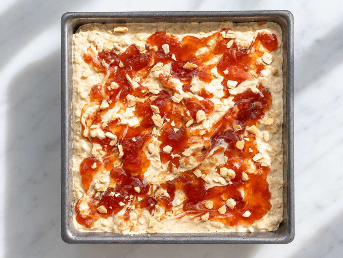 Step 3 Strawberry jam swirled through oatmeal and topped with chopped roasted peanuts.