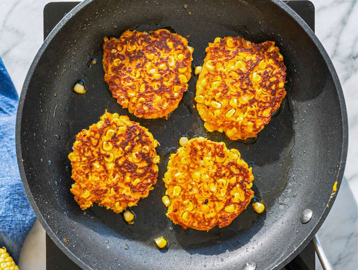Step 3 Sweet potato corn patties pan-frying until deeply golden in nonstick skillet.