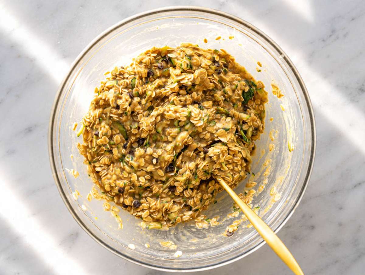 Step 3 Zucchini, oats, and chocolate chips folded into banana batter until combined.