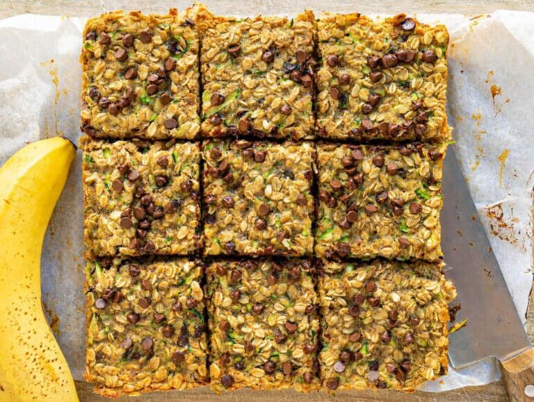 Step 4 Baked zucchini banana bars cooling and sliced into squares.