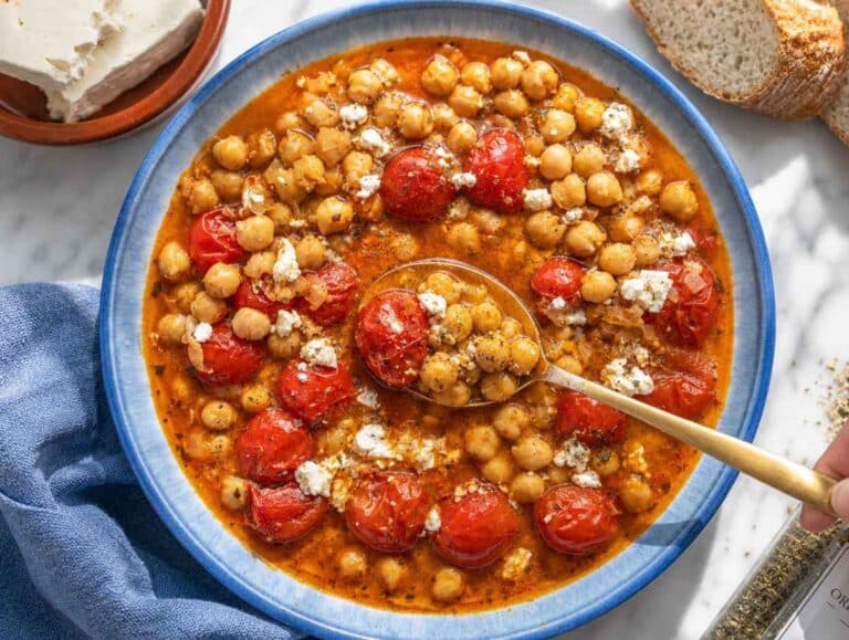 Step 4 Chickpea tomato soup topped with feta, olive oil, and oregano.