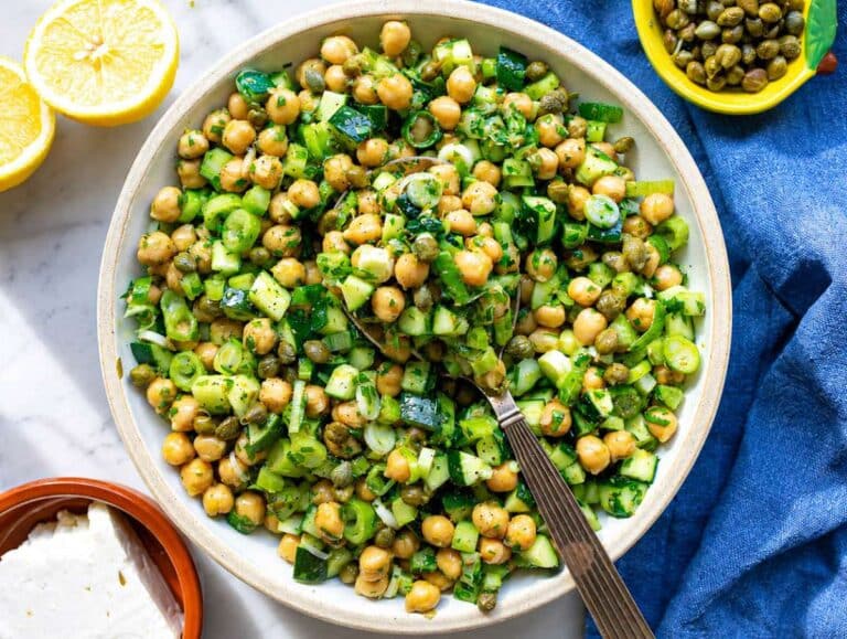Step 4 Finished chickpea salad served with optional crumbled feta.