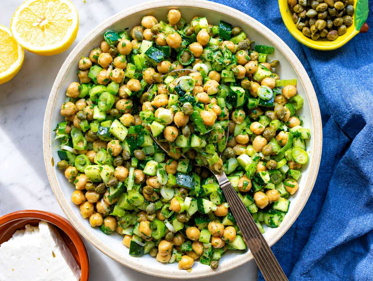 Step 4 Finished chickpea salad served with optional crumbled feta.