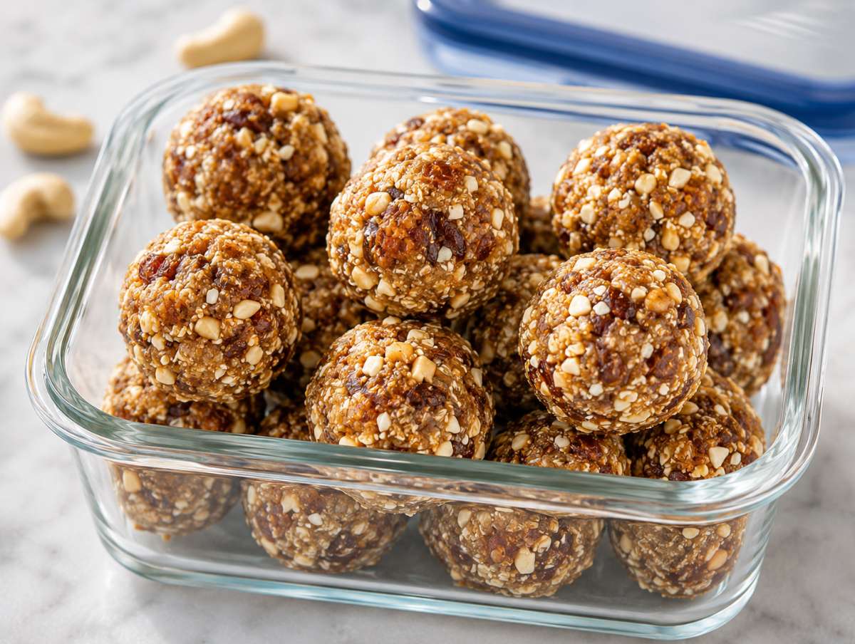 Step 4 Freshly rolled energy balls in airtight container ready to chill.